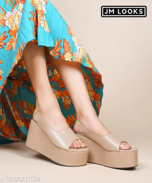 JM LOOKS Women’s Platform Wedge Sandals Open Round Toe Slip-On Slingback Heels for Casual, Party & Daily Office - Beige
