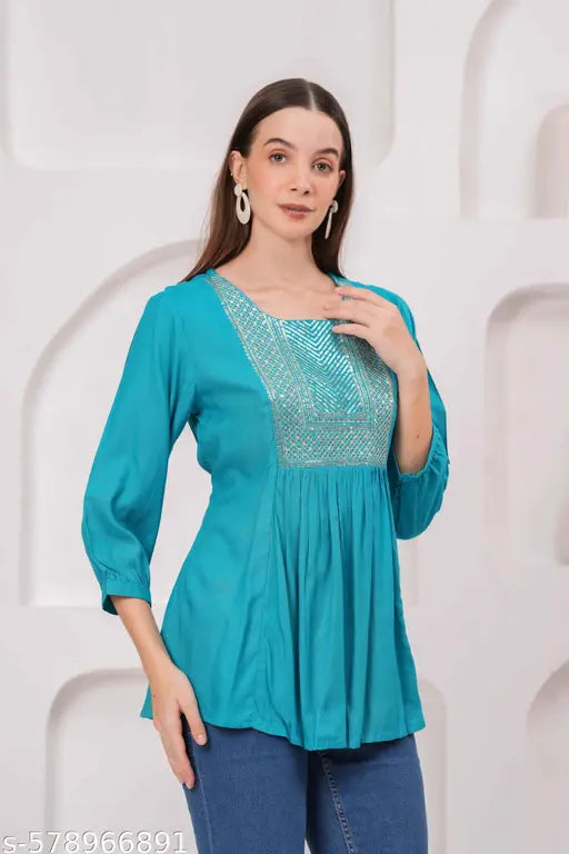 Women Tealblue Rayon Solid Embroidery Top