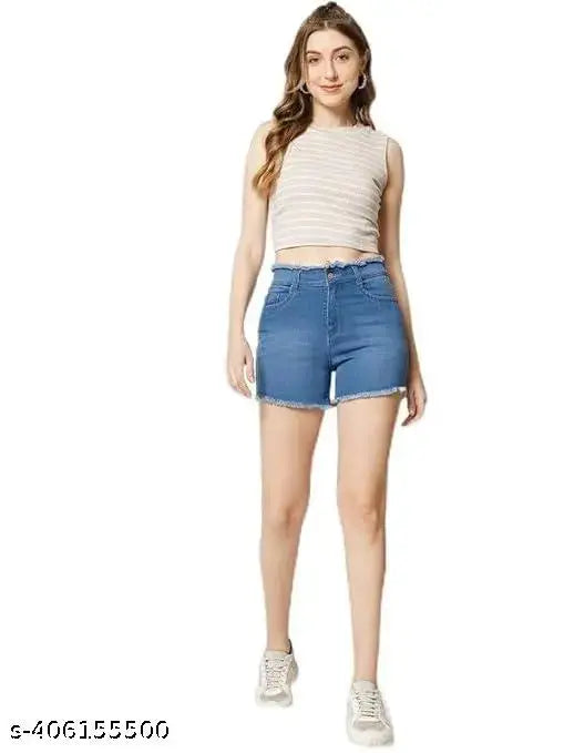 Women High Waist cotton blend (Blast look) regular fit washed Denim fur shorts
