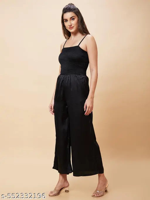 Globus Women Black Solid Smocked Strappy Party Jumpsuit
