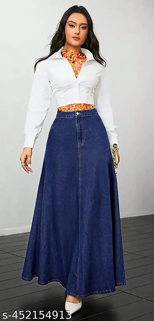 Navy Blue A-Line Full-Length Denim Skirt – Buttoned, Stylish & Comfortable 18000