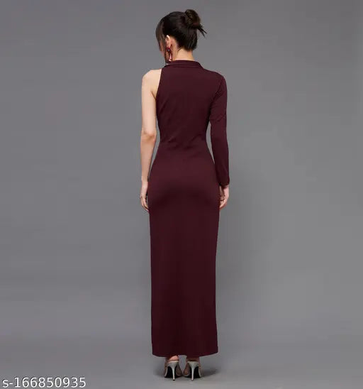 Women's Solid V-neck Brown Dresses
