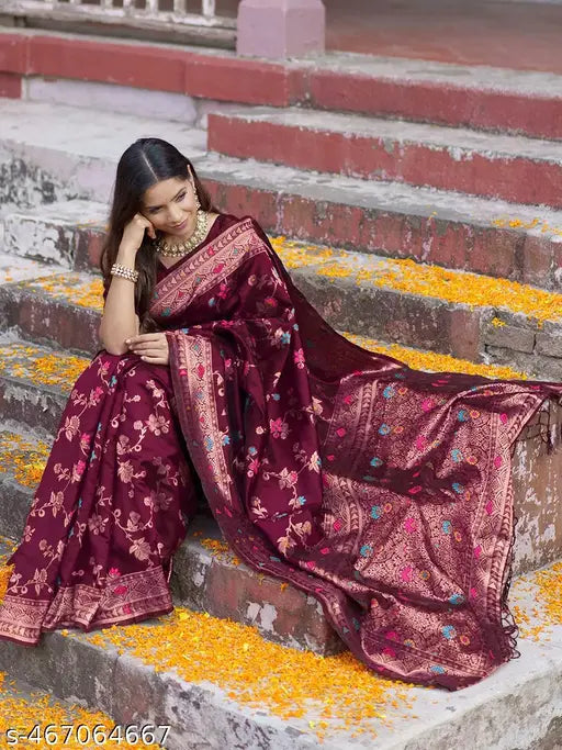 Janasya Women's Wine Banarasi Silk Floral Saree with Unstitched Blouse Piece