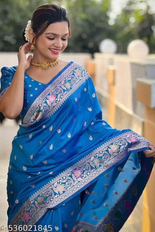 ROOP LAVANYA Light Blue Kanjeevaram Pure Soft Silk Saree With Unstiched Blouse Piece