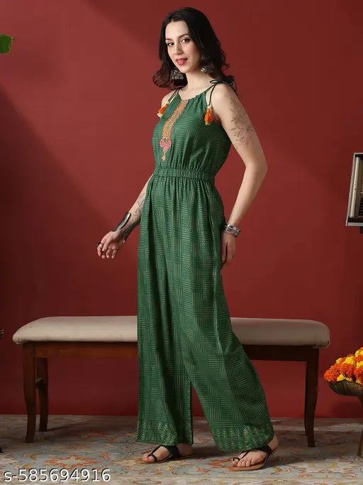 Globus Women Green Embroidered Yoke & Gold Foil Polka Dot Tie-Up Straps Wide Leg Fusion Jumpsuit
