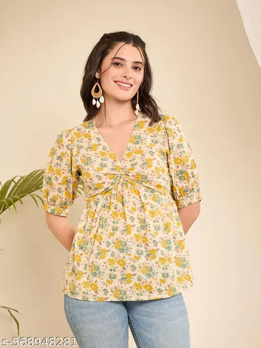 WineRed Cotton Floral Empire Waist Top