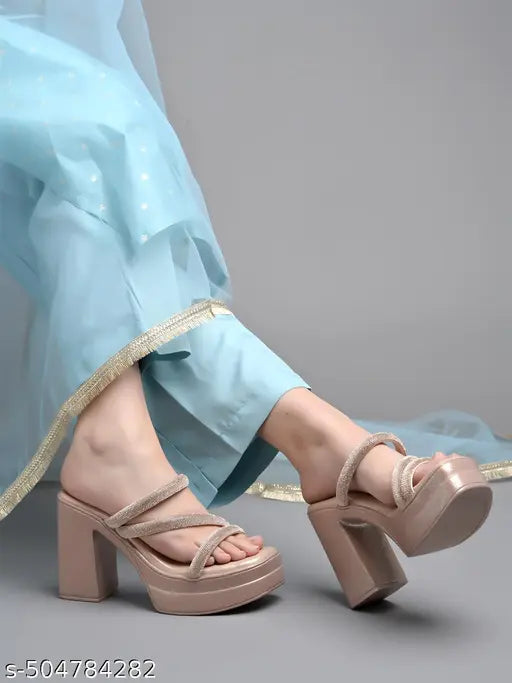 Embellished Rose-Gold Block Heels For Women & Girls