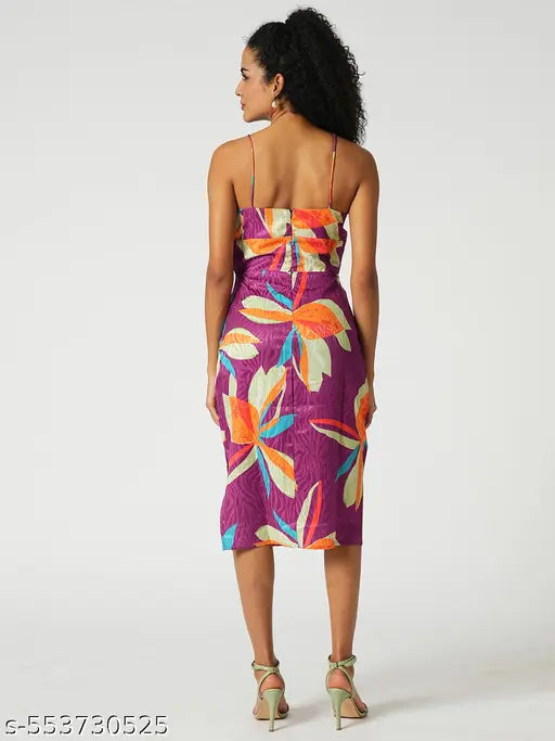 Globus Women Purple Floral Print Neck Strappy Shoulder Cut-Out Detail Midi Bodycon Party Dress