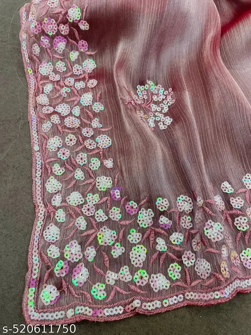 Pure JimiChu Saree Sateen Benglori Silk Blouse And C-Pallu Work With Fancy Thread Work With Sequence Work