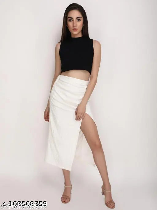 Jakanary White Textured side slit skirt