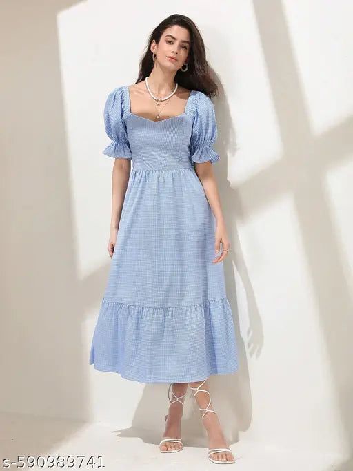Honky Tonky Blue Striped Puff Sleeve Maxi Dress with Tie-Back