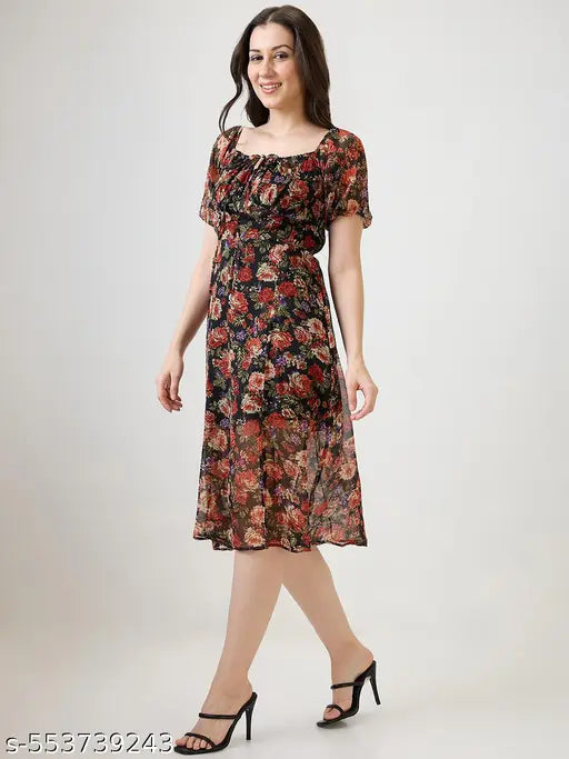 Globus Women Black Allover Floral Printed Tie-Up Square Neck Puff Sleeves Side Slit Fit & Flare Midi Dress