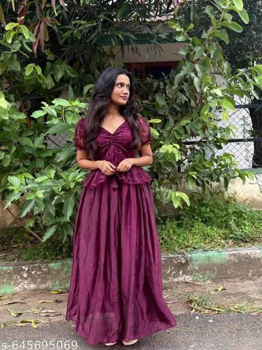 THE KAVYAHI FASHION Women's Wine Color Embroidered Peplum Top & Flared Skirt Set | Partywear Crop Top & Maxi Skirt