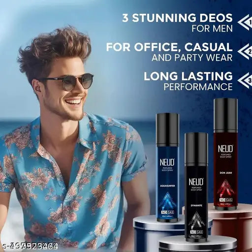 NEUD 3-in-1 Perfumed Sprays for Men, Long-Lasting Deodorants, No Gas, No CFC Formula - 2 Sets (3x120ml Each)