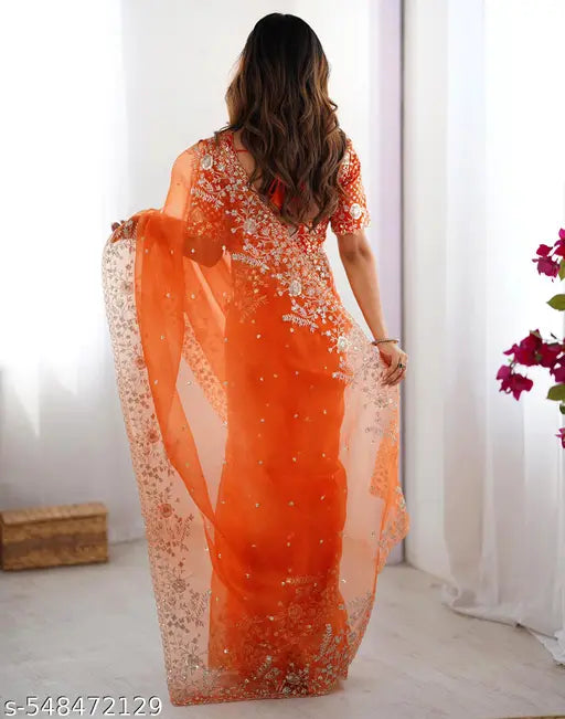 SATRANI Organza Orange Saree with Organza Blouse