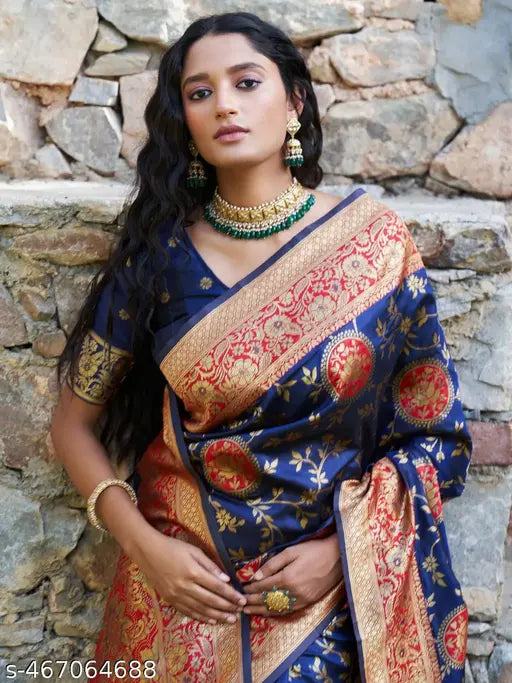 Janasya Women's Navy Blue Silk Blend Woven Jaal Motif Saree with Unstitched Blouse Piece