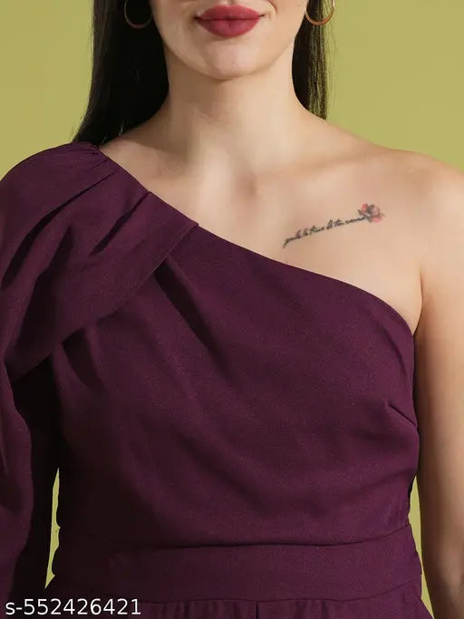 Globus Women Burgundy Solid One Shoulder Pleated Sleeve Party Playsuit
