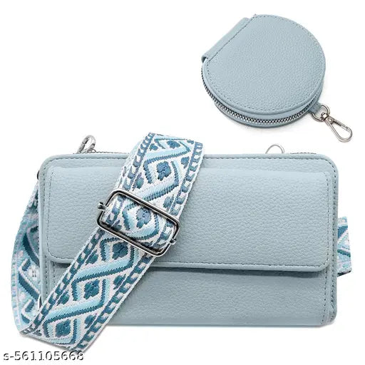 Women Blue Print Purse with Coin Bag Small PU Crossbody Phone Pouch Nylon Webbing Strap Compact Casual Shoulder Sling Bag