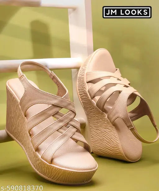 JM LOOKS Women’s Wedge Heel Sandals | Multi-Strap Slingback Open Toe Platform Sandals - Cream