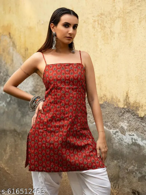 Anni Designer Women's Rayon Viscose Red Sleeveless Kurti with Beautiful Floral Printed Work, Elegant Ethnic Top for Festive, Casual & Daily Wear, Stylish Designer Kurta for Women and Girls