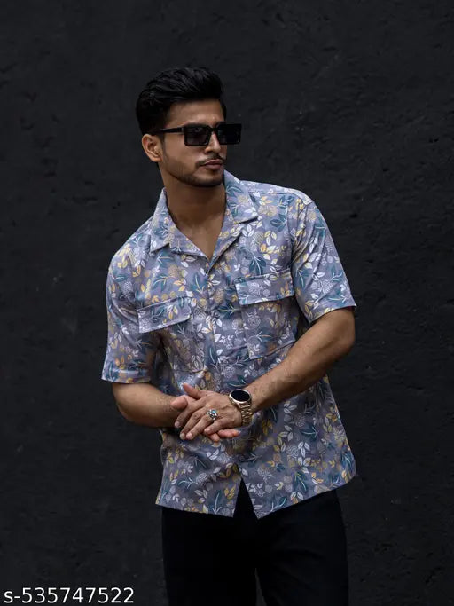 Mens All Over Printed Collar Neck Half Sleeve Dark Grey Cotton Oversized Shirt
