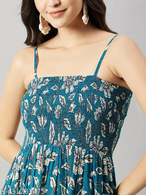 Women Floral Printed Tiered Blue Dress | Casual Flared Maxi Dress for Women |