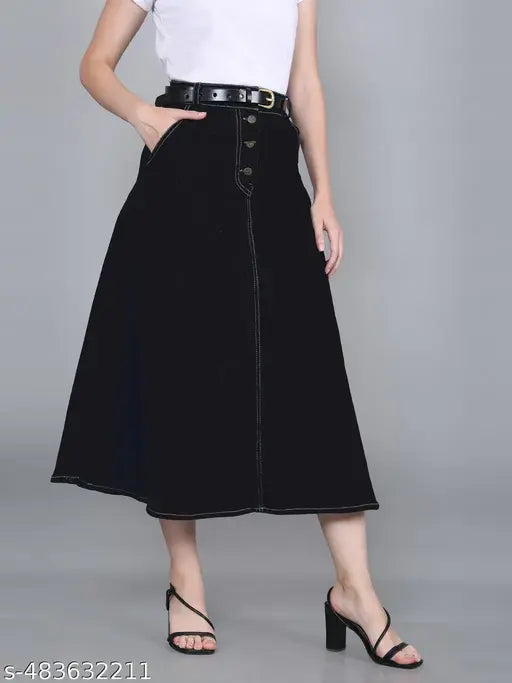 Codaisy Trendy Western Black Washed A-line Long Denim Midi Skirt for Women and Girls, Fashionable Jeans Style, Plus Size Available