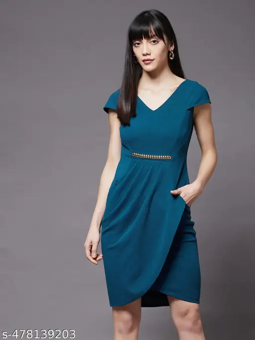 Miss Chase Women's Teal V-Neck Cap Sleeve Solid Wrapped Polyester Knee-Long Dress