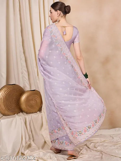 Riva Enterprise Women's Silk Organza Fabric With Multi Thread Embroidery Border Saree