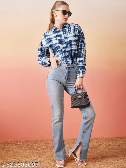 Rare Women Casual Blue Regular Fit Printed Puff Sleeves Spread Collar Shirt