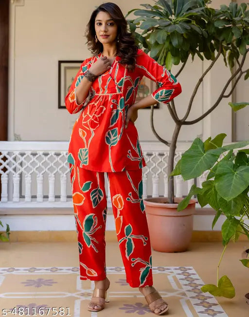 SELVIA Rayon blend Multicolor & Orange Printed Co ords set