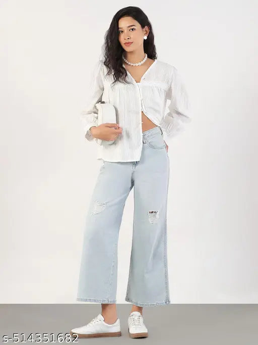 SHOWOFF Women's Self Design V-Neck White Shirt Style Top