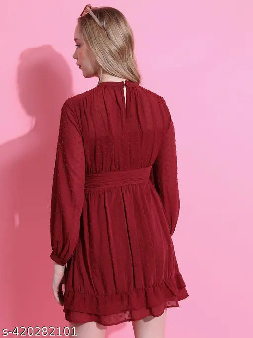 Ketch Women Maroon Self Design Fit and Flare Dress
