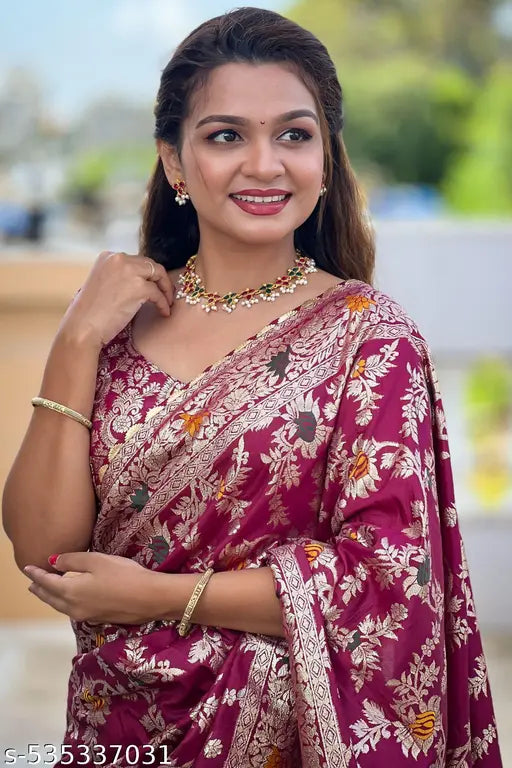 ROOP LAVANYA Wine Kanjeevaram Pure Soft Silk Saree With Unstiched Blouse Piece