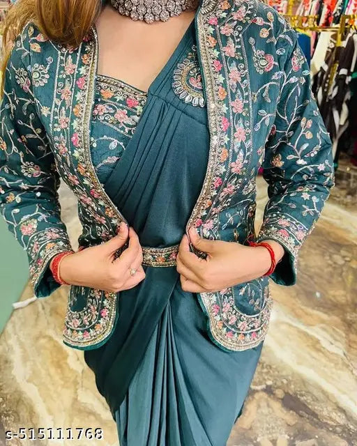 Japan Satin Silk Fancy Thread Work With Sequence Work  Ready To Wear Saree