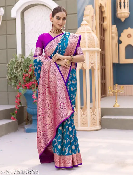 Women's Banarasi Satin Silk Zari Weaving Saree With Unstitched Blouse Piece