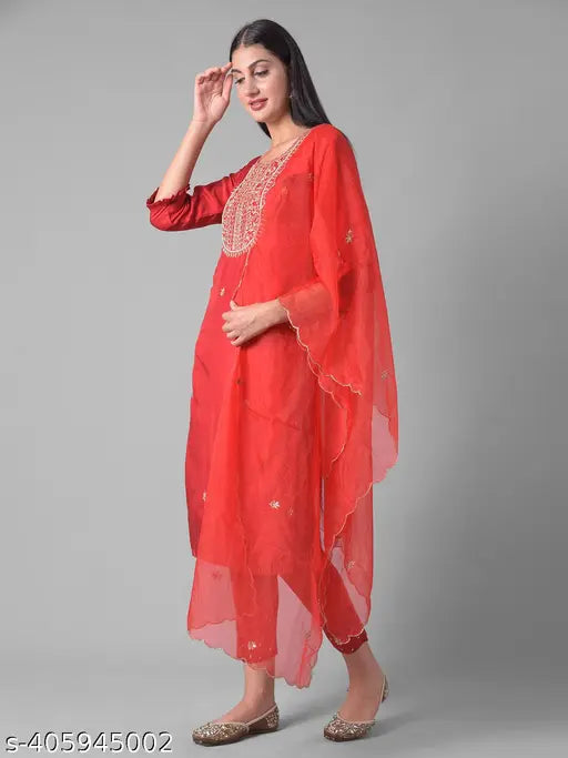 Dollar Missy Pack of 1 Red Colour Premium-Quality Fabric Women'S Kurti & Pant & Dupatta