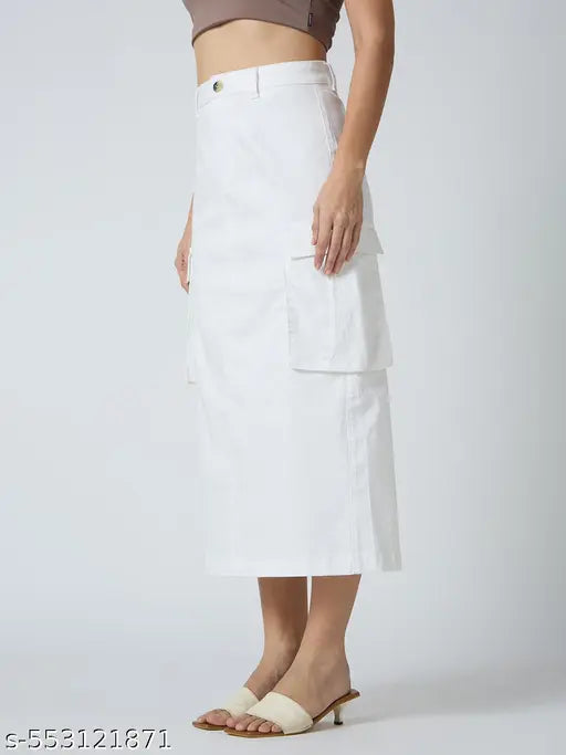Globus Women White Stretchable Solid Mid-Rise Straight Fit Midi Cargo Skirt