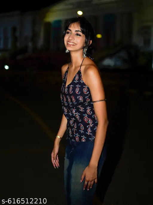 Anni Designer Women's Rayon Viscose Navy Sleeveless Kurti with Beautiful Floral Printed Work, Elegant Ethnic Top for Festive, Casual & Daily Wear, Stylish Designer Kurta for Women and Girls