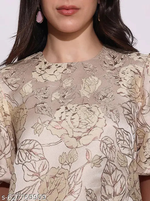 Globus Women Pink Round Neck Balloon Sleeves Floral Brocade Party Top