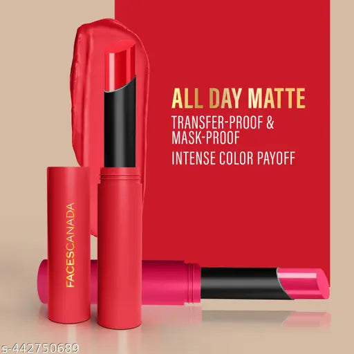 FACES CANADA Long Stay 3-in-1 Matte Lipstick - Showstopper Red 09, 2g | 8HR Longstay | Transfer Proof | Moisturizing | Chamomile & Shea Butter | Primer-Infused | Lightweight | Intense Color Payoff