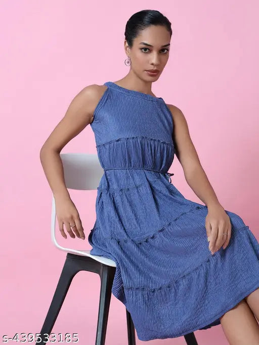 Women's Blue Solid Fit and Flare Dress