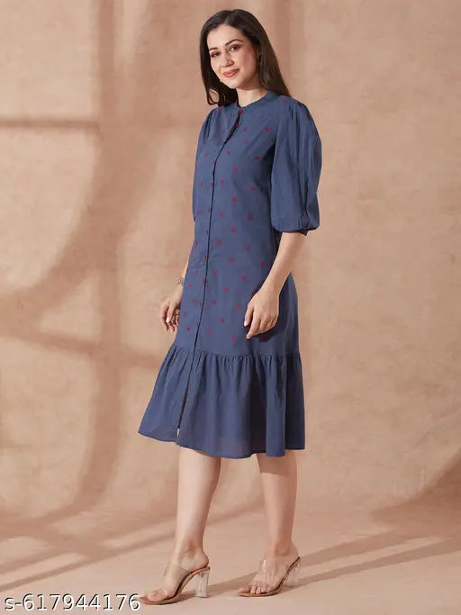 Globus Women Blue Round Neck Puff Sleeves Floral Embroidered Tiered Flared Hem Midi A-Line Dress