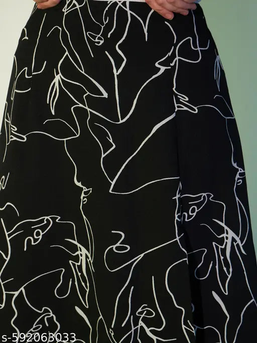 Berrylush Women Black & White Abstract Printed High-Rise Waist Straight Hem Thigh-High Slit A-Line Midi Skirt