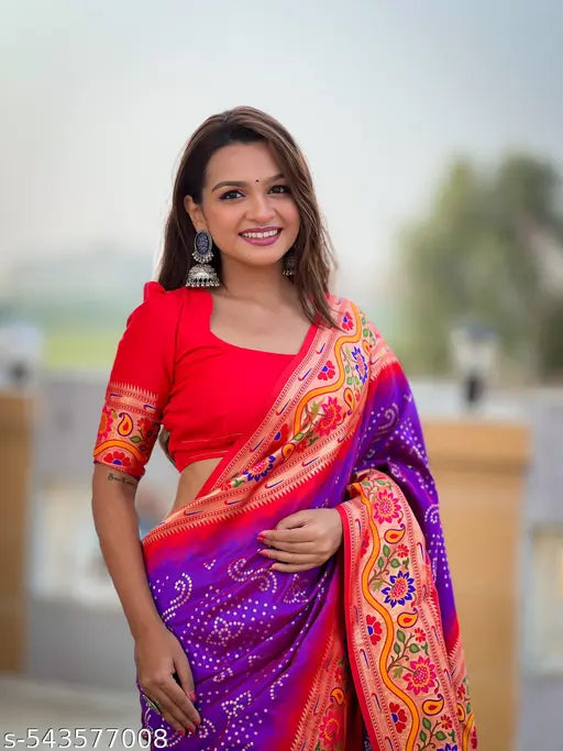 Women's Soft Paithani Silk Bandhej Weaving  Saree With Unstitched Blouse Piece