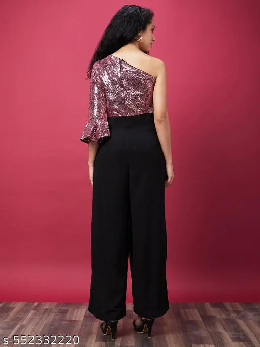 Globus Women Pink Solid One Shoulder Party Wear Jumpsuit