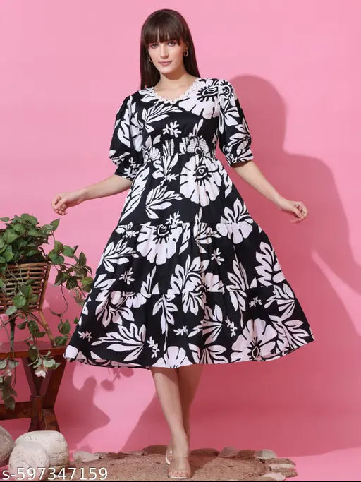 Sheetal Associates Black & White Floral Printed Smocked Waist Fit & Flare Midi Dress