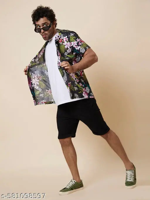 Globus Men Black Floral Printed Regular Fit Casual Resort Shirt