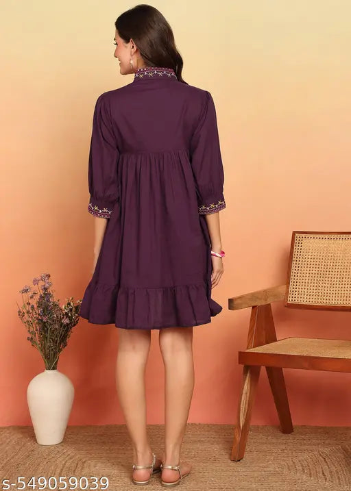 Vbuyz Women'S Dark Purple Solid With Embroidery Flare Cotton Stitched Dress