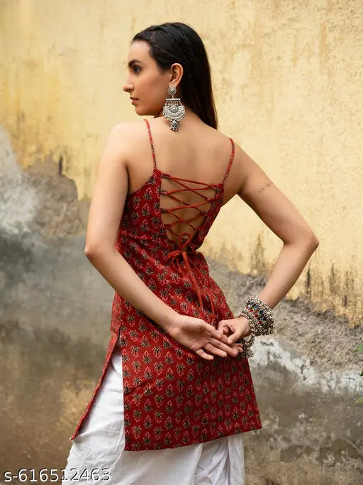 Anni Designer Women's Rayon Viscose Red Sleeveless Kurti with Beautiful Floral Printed Work, Elegant Ethnic Top for Festive, Casual & Daily Wear, Stylish Designer Kurta for Women and Girls